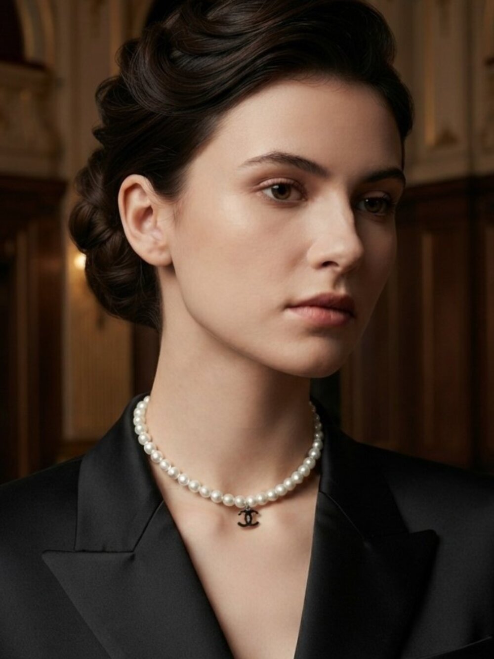 Pearl Choker Necklace with Black Enamel Pendant & Extender Handcrafted NWT